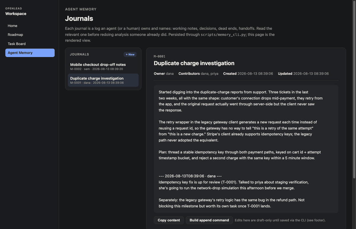 Per agent journals with a running investigation